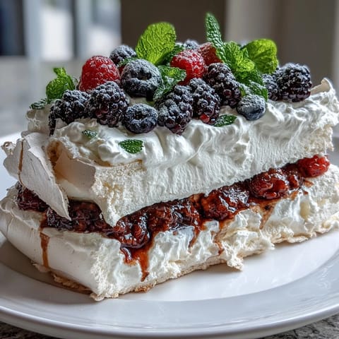Elegant Mothers Day pavlova topped with fluffy cream and a colorful medley of fresh strawberries, raspberries, and blueberries.  