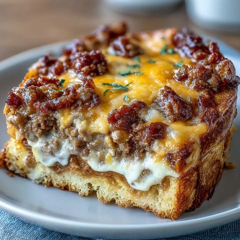 Hearty Amish breakfast casserole with hash browns, sausage, and eggs baked until golden and bubbly.