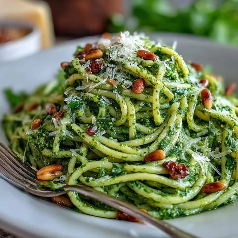 Creamy dandelion pesto with garlic and pine nuts, perfect for pasta or spread on crusty bread.