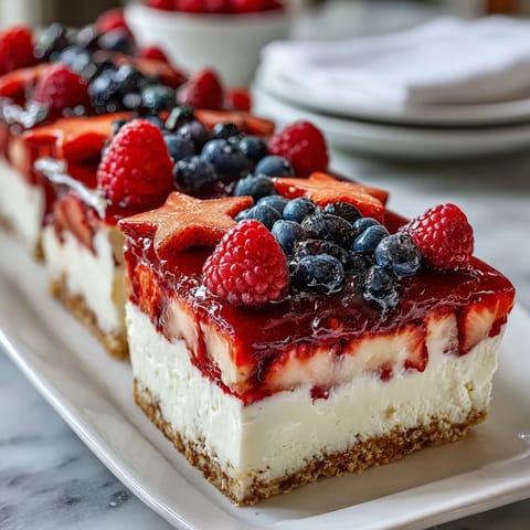 Festive Fourth of July No-Bake Cheesecake Flag Cake with fresh blueberries and strawberries arranged in patriotic stripes.