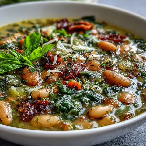A steaming bowl of Tuscan White Bean and Spinach Soup, rich with tender vegetables and fresh spinach, served with crusty bread.  