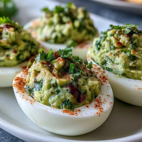 Creamy guacamole stuffed deviled eggs with avocado filling, garnished with smoked paprika and fresh cilantro.  