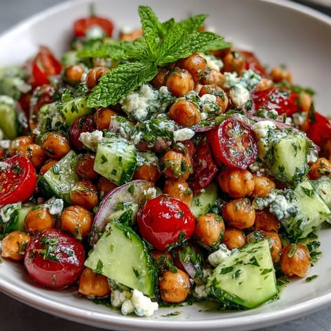 Cold Chickpea Salad with Lemon Herbs - a vibrant, refreshing bowl of chickpeas, cucumbers, tomatoes, and herbs tossed in a zesty lemon dressing.
