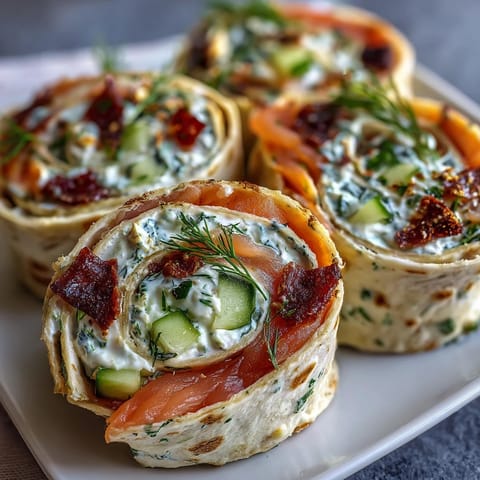 Smoked Salmon & Cucumber Cream Cheese Pinwheels with dill and lemon, served chilled on a platter.