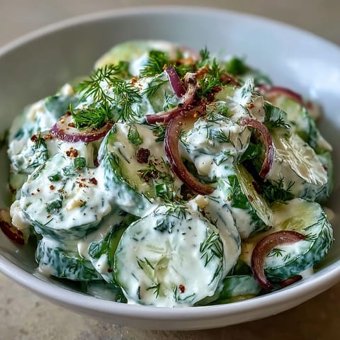 Creamy Cucumber Dill Salad with crisp cucumbers and tangy dill dressing, perfect for summer picnics and barbecues.  
