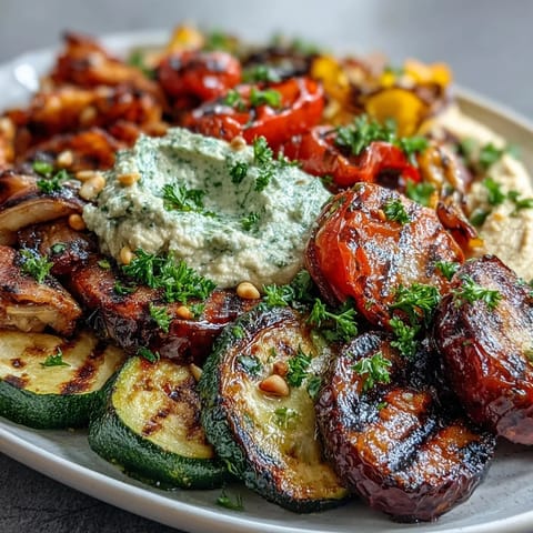 Colorful grilled veggie platter with hummus, featuring zucchini, peppers, and eggplant arranged around creamy homemade spread.  