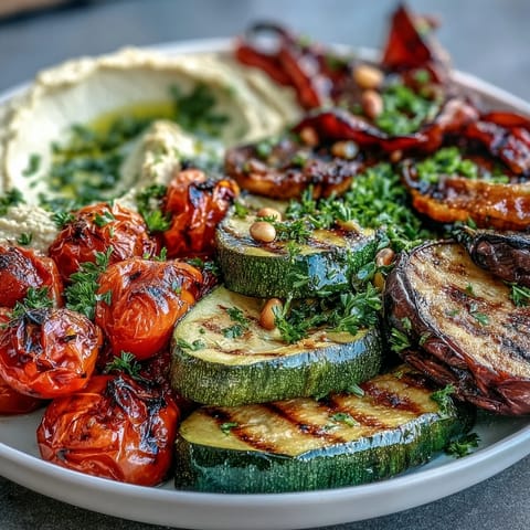 Vibrant summer vegetable platter with hummus, showcasing charred zucchini, bell peppers, and cherry tomatoes served with tahini dip.  