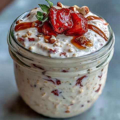 A jar of creamy strawberry vanilla overnight oats topped with fresh berries and sliced almonds for a refreshing, healthy breakfast.