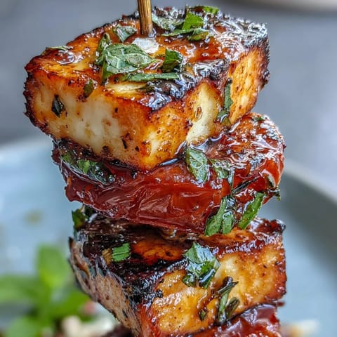 Golden grilled halloumi skewers with sweet watermelon and fresh mint, perfect starter.