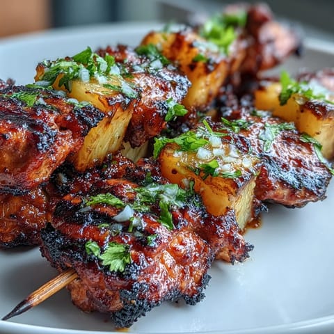 Smoky al pastor chicken skewers with sweet pineapple, grilled to perfection.