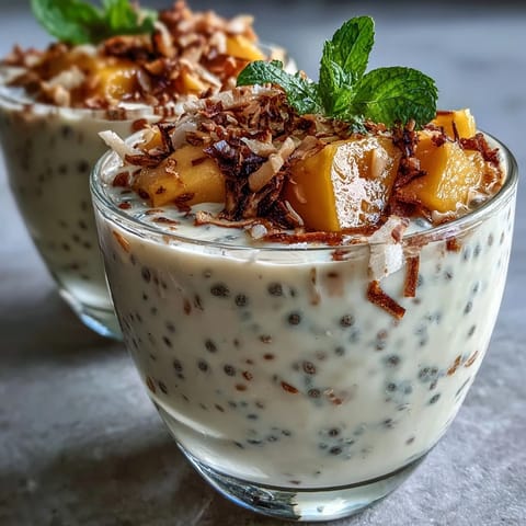 Creamy mango chia pudding topped with fresh, juicy mango chunks and coconut.