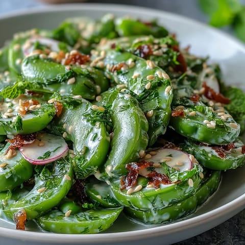 Vibrant Snap Pea and Radish Spring Salad with creamy tahini dressing, ready to serve.