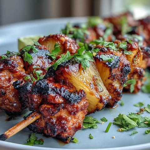 Grilled chicken al pastor skewers with juicy pineapple and charred edges.