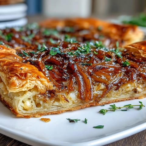 Golden French Onion Puff Pastry Tart with bubbling Gruyère cheese.
