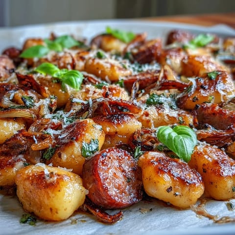 Sheet pan gnocchi with sausage and peppers, golden and crisp, a quick weeknight wonder.