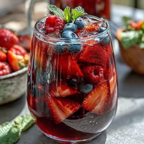 Vibrant Iced Hibiscus Berry Tea bursting with colorful fresh fruit.