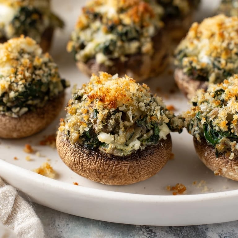 A close-up view of creamy spinach and artichoke stuffed mushrooms, oozing with melted cheese and ready to eat.