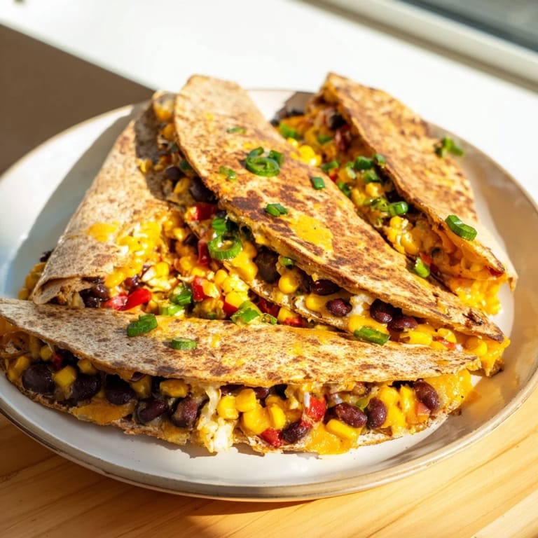 Warm Quick Black Bean and Corn Quesadillas showcasing melted cheese, visible beans, and vibrant corn toppings.