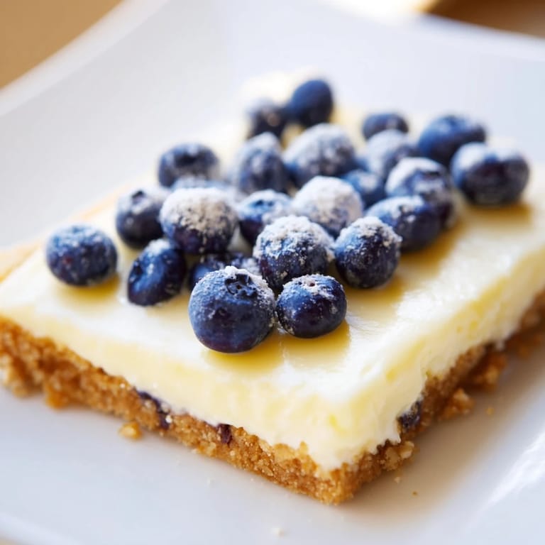 Fresh, juicy blueberries crown these luscious Decadent Lemon Curd and Blueberry Squares, a vibrant treat awaiting a bite.