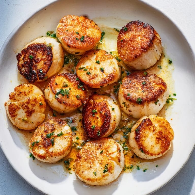Close-up of perfectly seared scallops: a delightful recipe featuring garlic butter, beautifully presented.