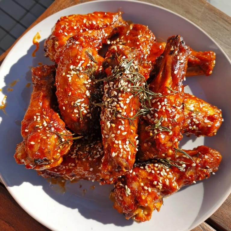 Platter of flavorful Crispy Honey-Chili Glazed Chicken Wings; sesame seeds and scallions add a finishing touch.