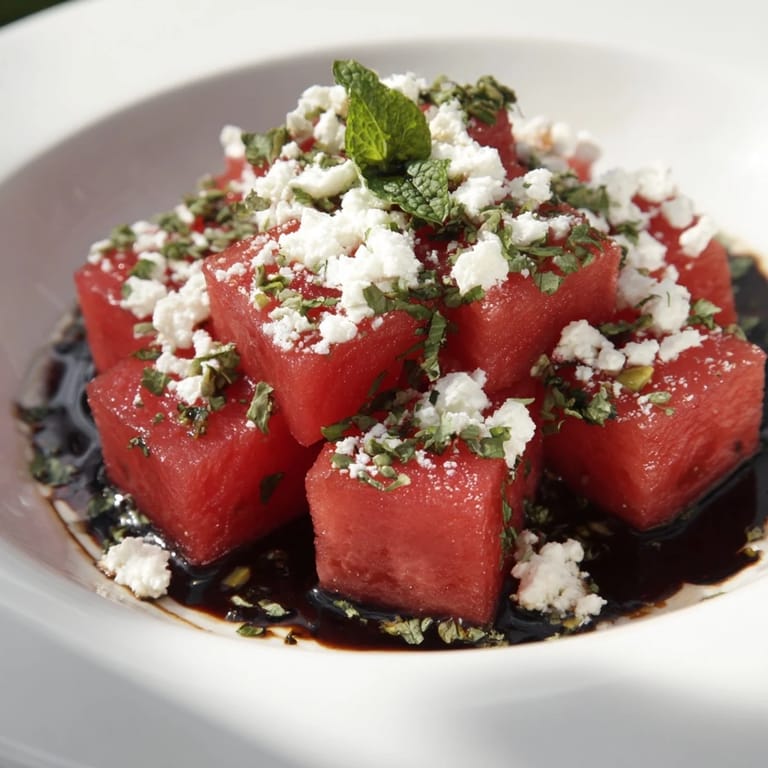 Cool, refreshing Fresh Watermelon and Feta Salad with Balsamic Glaze, perfect for a sunny day.