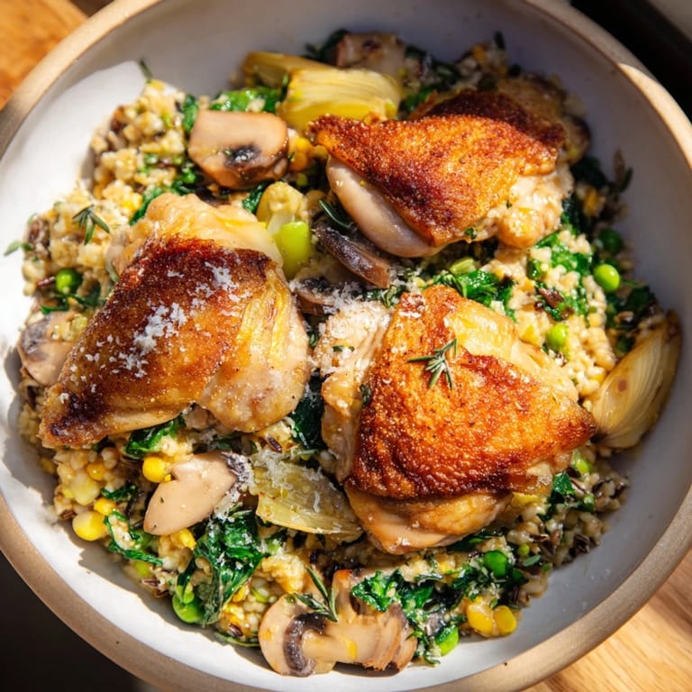 A close-up of all-in-one pan creamy chicken and wild rice, with the enticing aroma of herbs and Parmesan.