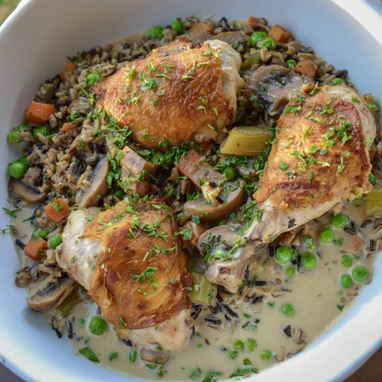 This all-in-one pan creamy chicken and wild rice shows comforting chicken and vegetables baked to perfection.