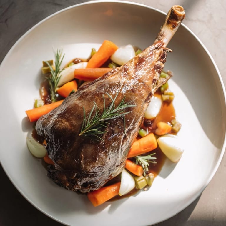 Tender slow-roasted lamb shanks presented with vibrant, roasted carrots and herbs, a truly comforting meal.