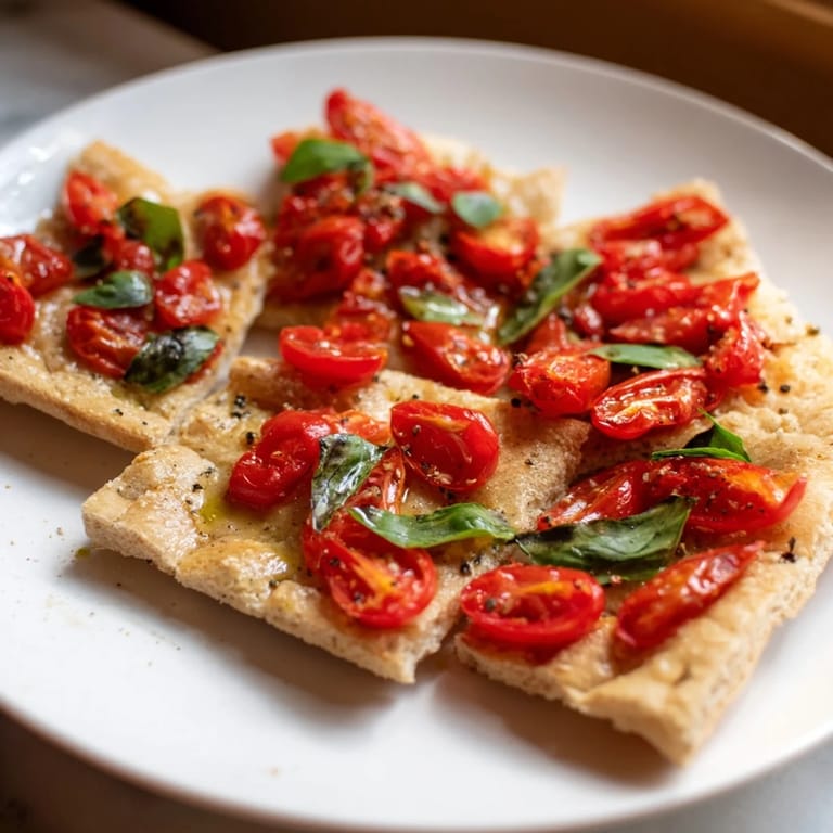 This Simple Homemade Tomato and Basil Flatbread showcases a delicious, baked flatbread topped with fresh ingredients.