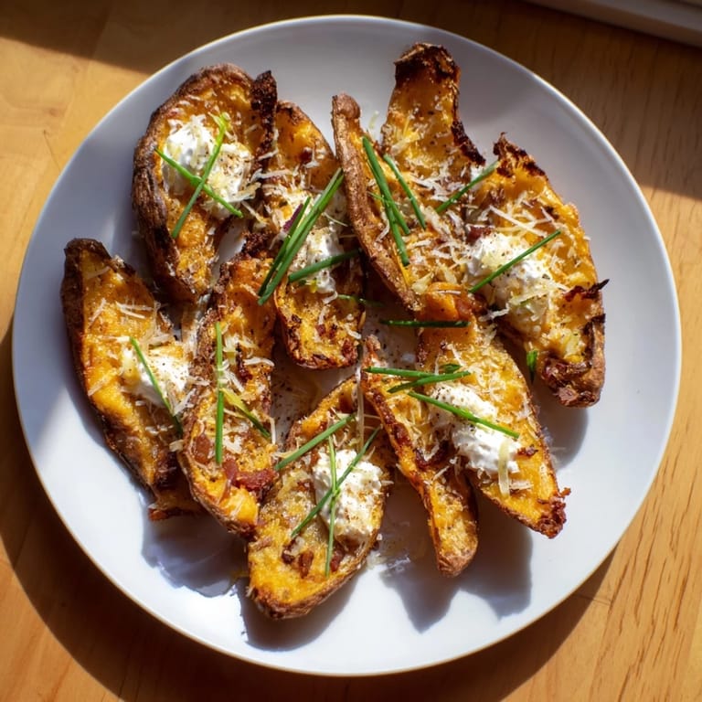 A close-up of delicious Crispy Air-Fryer Potato Skins, offering a perfect crispy texture and cheesy fillings.