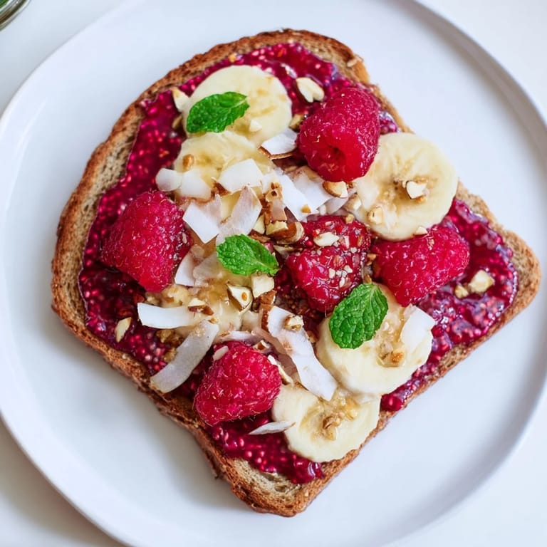 A close-up of vibrant raspberry chia jam swirled on toast, perfect for a quick and healthy snack.