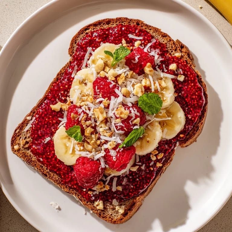 Freshly made raspberry chia jam, glistening on toasted bread, ready to be enjoyed as a delightful treat.