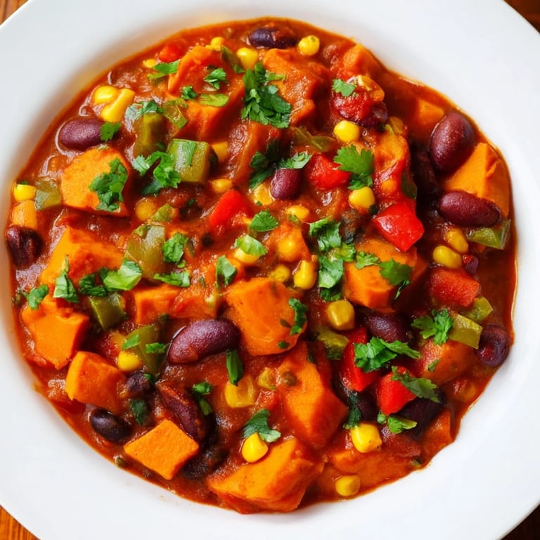 Close-up of the vibrant Smoky Sweet Potato Chili with colorful bell peppers and sweet potato chunks.