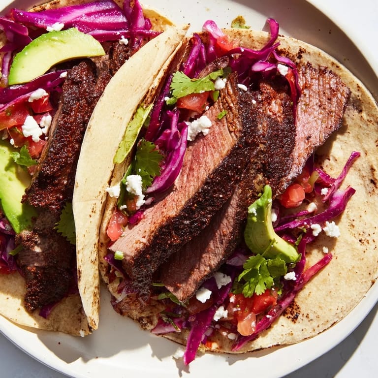 Close-up of vibrant Coffee-Rubbed Steak Tacos, perfectly assembled with a smoky coffee spice crust visible.