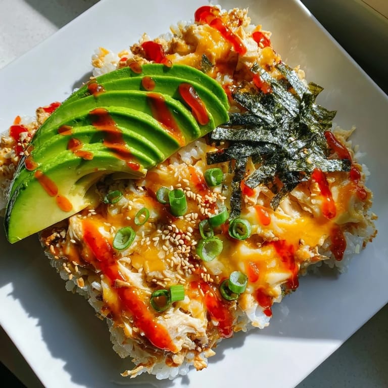 Savory chicken sushi bake, fresh from the oven, showing melted cheese and avocado slices.
