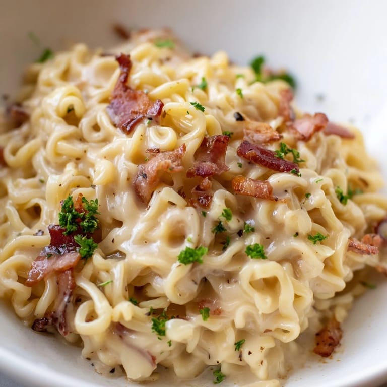 A close-up of a delightful Ramen Carbonara Hack, with bacon, parsley, and extra Parmesan cheese.