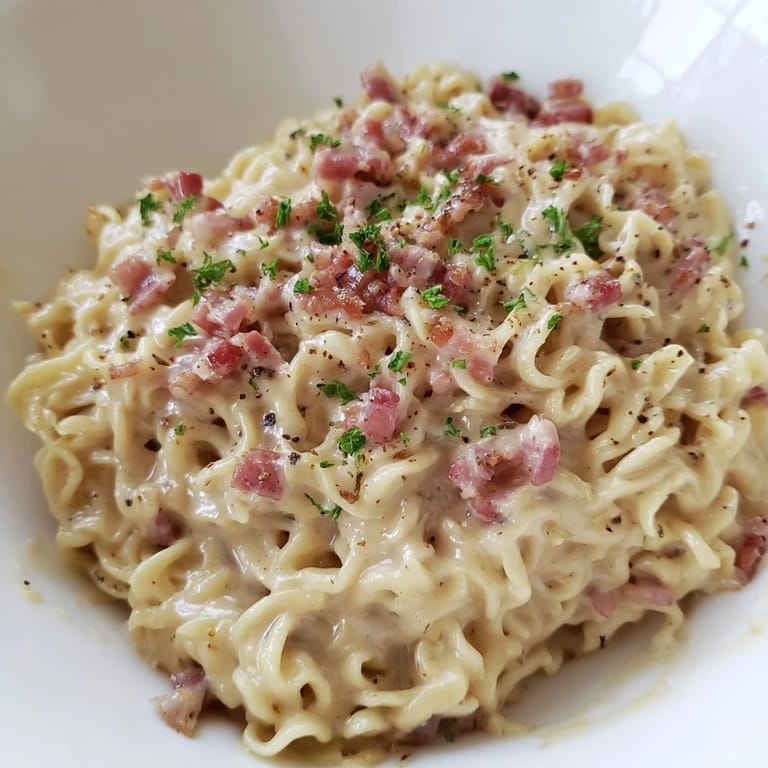 This easy Ramen Carbonara Hack features perfectly cooked ramen coated in a silky, Italian-inspired sauce.