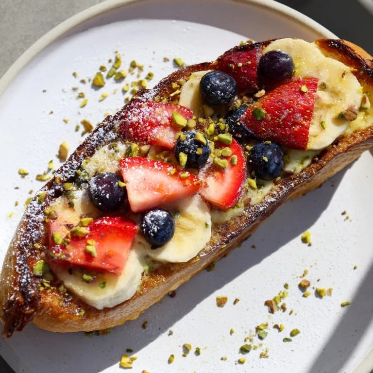 Baked Viral Yogurt Toast, topped with colorful sliced fruit, smells amazing fresh out of the oven.