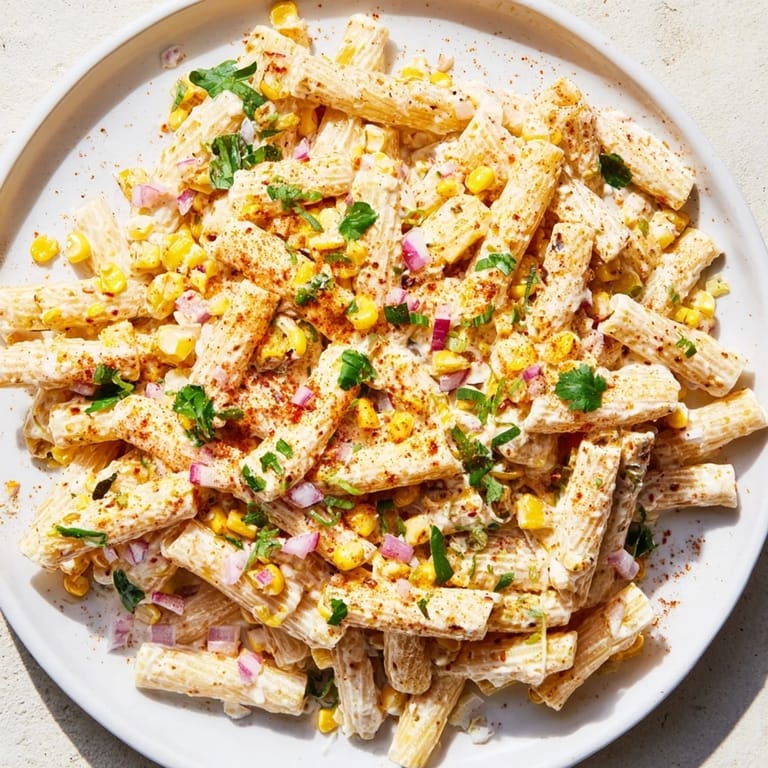Bright and flavorful Mexican Street Corn Pasta; a perfect summer side dish, chilled and ready to serve.