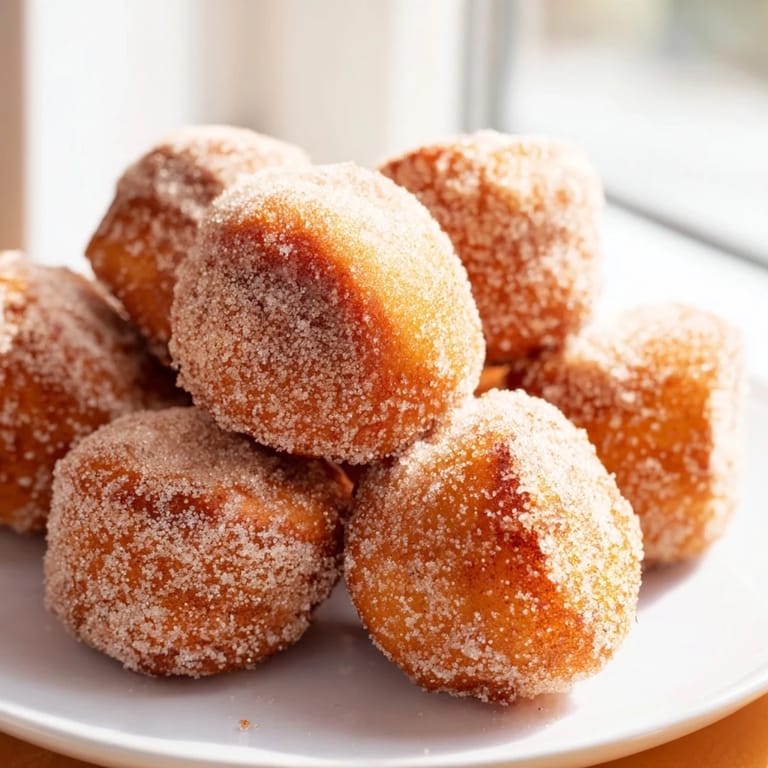 Close-up of freshly made air fryer cinnamon donuts, soft and fluffy, perfect for a sweet breakfast.