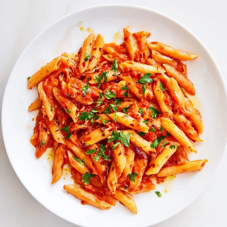 Enjoy a comforting bowl of Penne all'Arrabbiata, a vegan Italian pasta dish with chili-infused flavors.