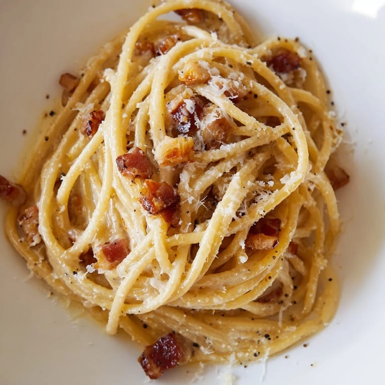 Golden-brown bacon bits top this plate of Express Spaghetti Carbonara, ready for a delicious Italian meal.