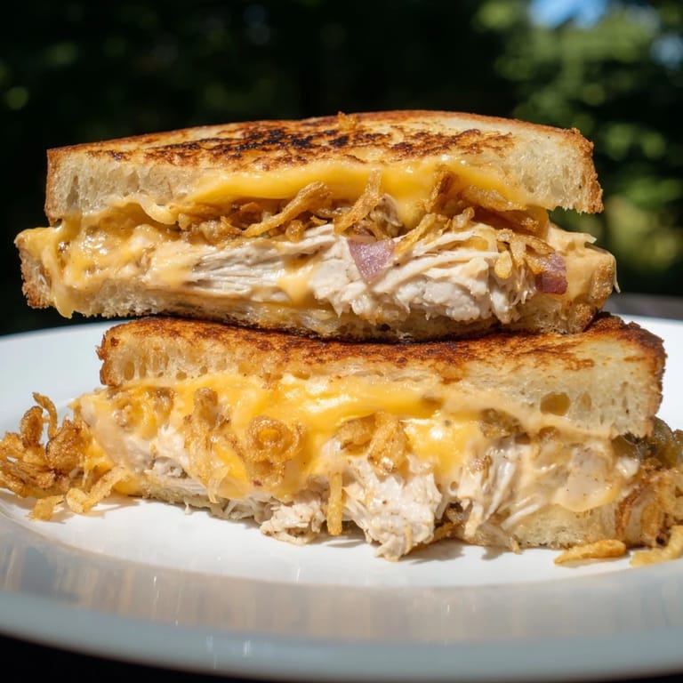 A close-up of a perfectly grilled Crispy Shallot Chicken Grilled Cheese with dripping cheese, showing its delicious texture.