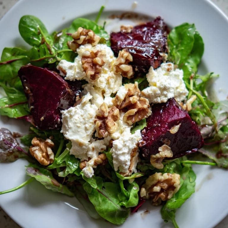 Tangy balsamic vinaigrette coats this delicious beet and goat cheese salad, perfect for a meal.