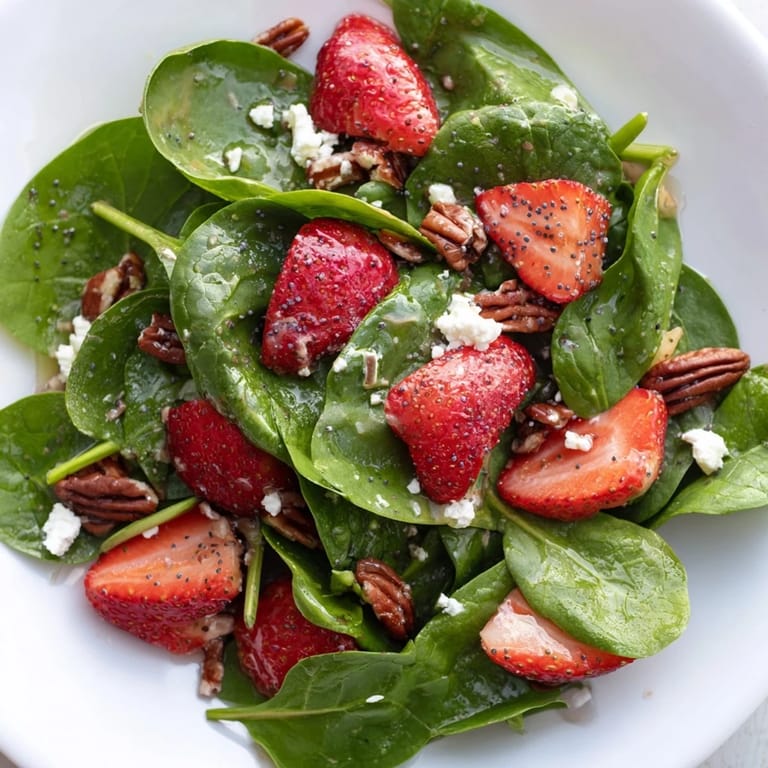 Lightly tossed Spinach Strawberry Salad with juicy strawberries and crunchy pecans, ready to serve.