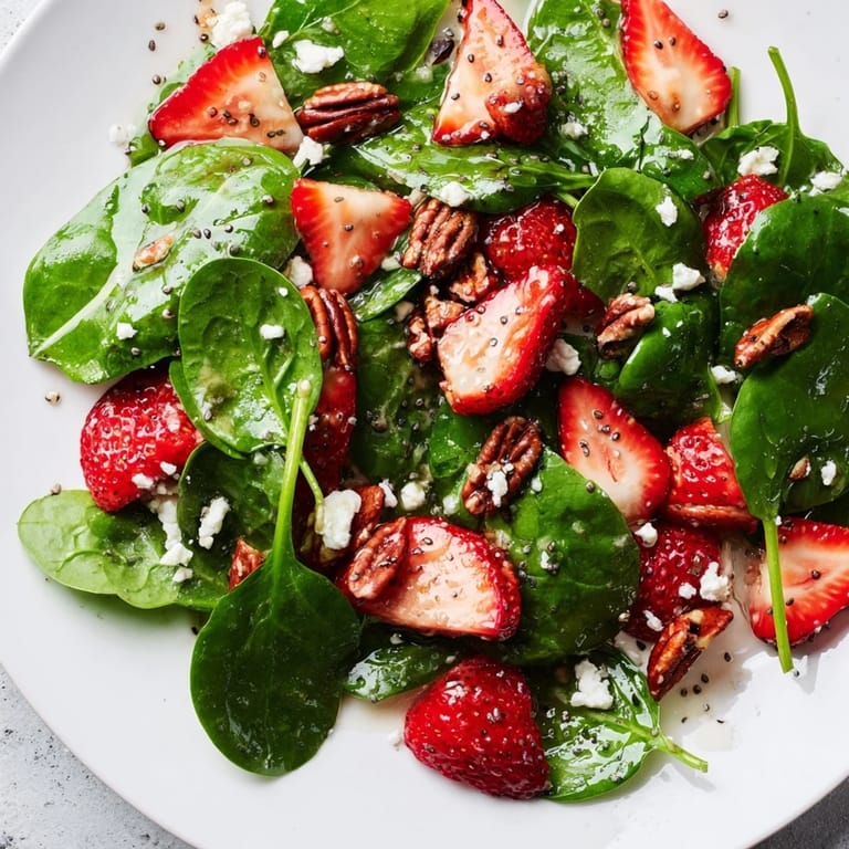 A closeup reveals components of the Spinach Strawberry Salad with a sweet poppy seed dressing.