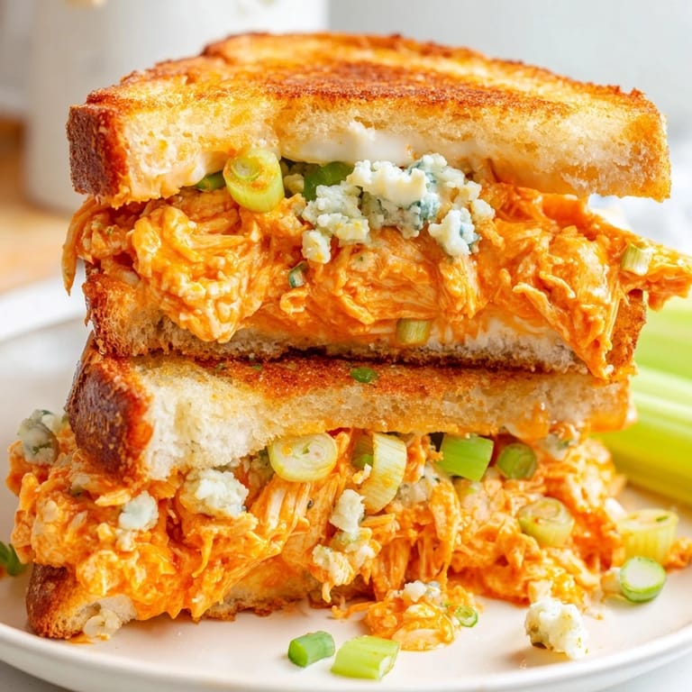 Close-up of a generously filled Buffalo Chicken Grilled Cheese oozing melted cheese and buffalo chicken.