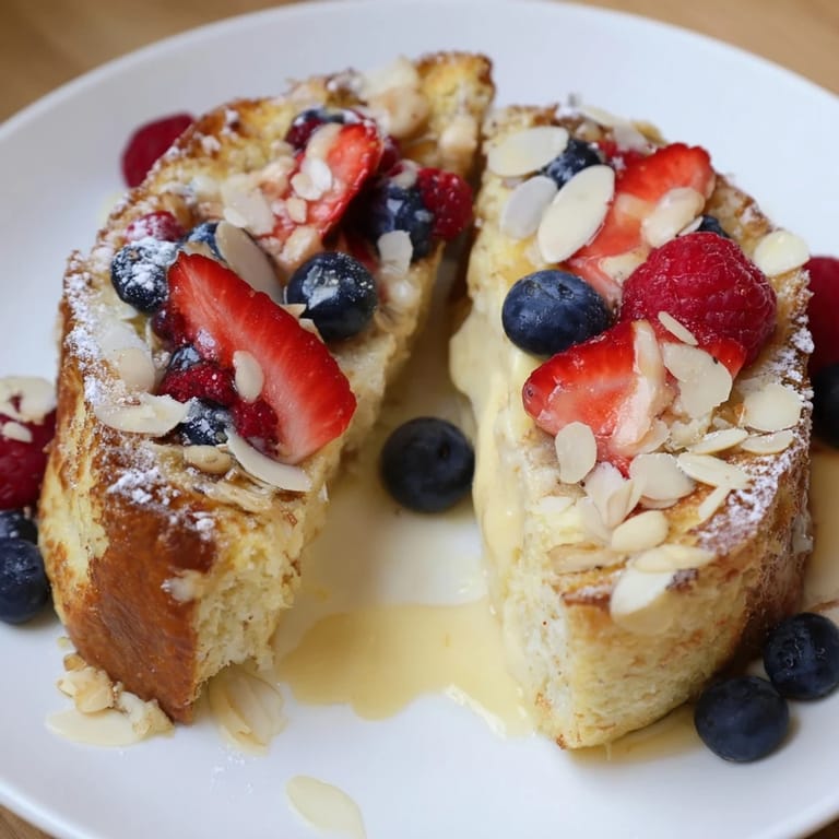 Crispy-edged custard toast features a soft, sweet inside, perfect with a honey drizzle and berries.