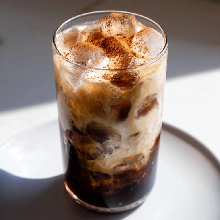 A tall glass of homemade Proffee Power Blend looks perfectly mixed, a quick high-protein morning beverage.